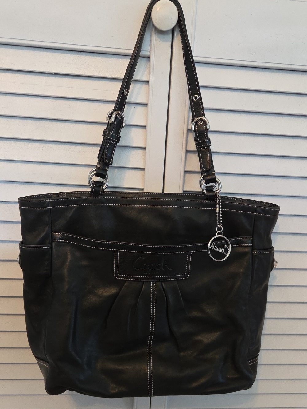 Coach Black Leather Shoulder Tote with Silver Charm